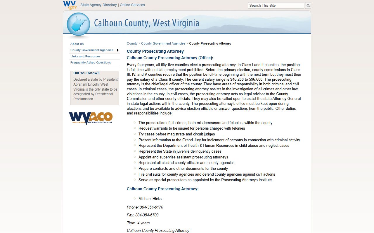 Calhoun County Prosecuting Attorney official page showing prosecutor duties