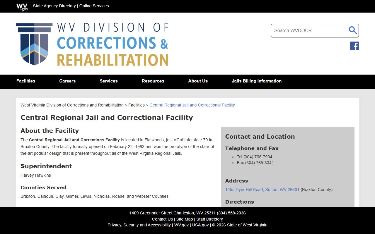 Central Regional Jail facility page for Calhoun County inmate population records