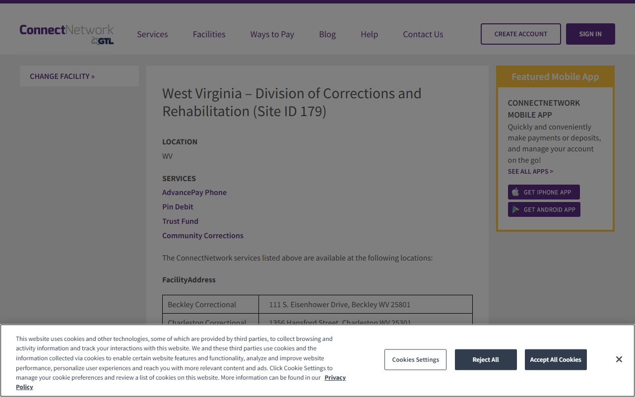 ConnectNetwork WVDCR listing for Central Regional Jail inmate deposits