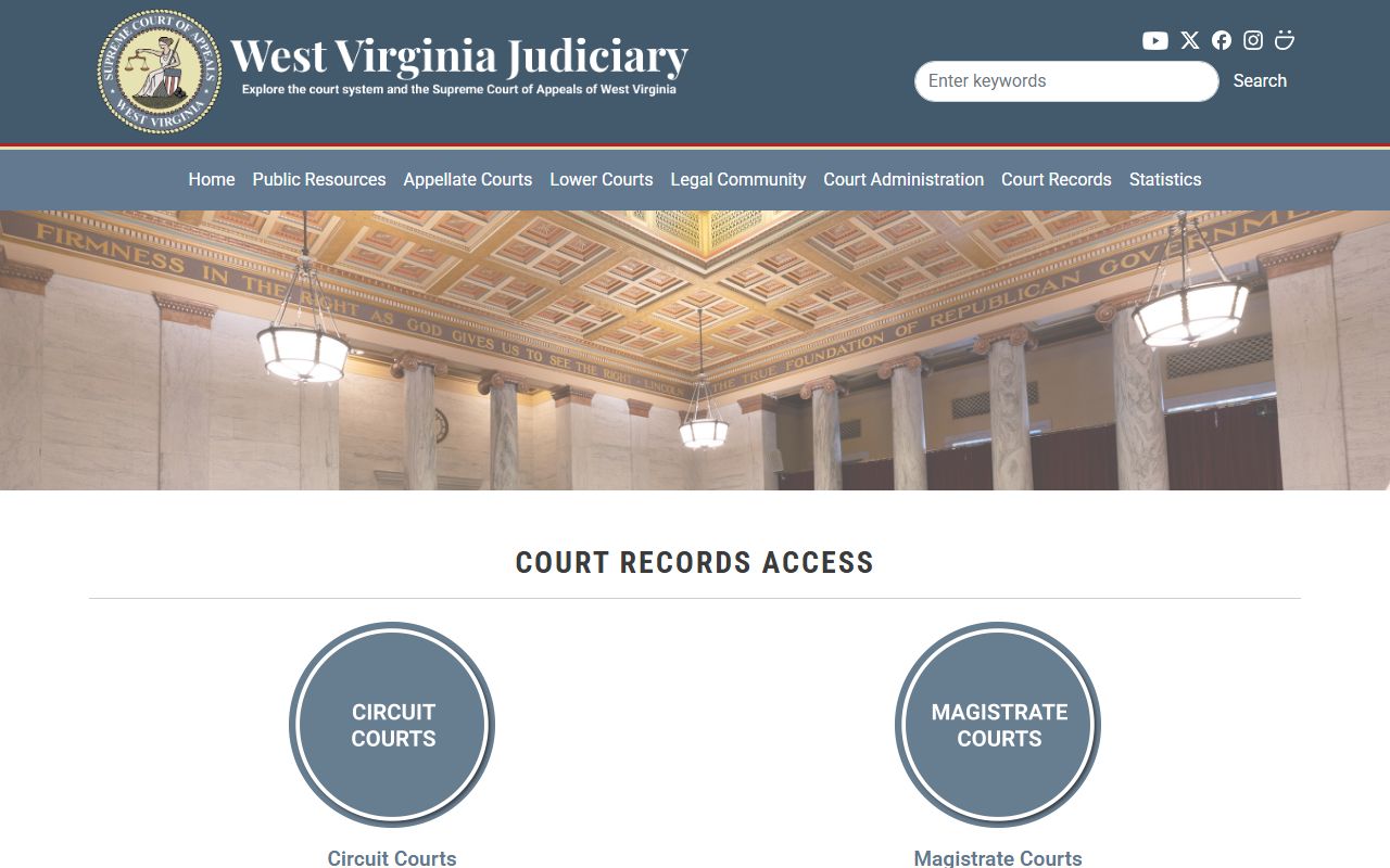 West Virginia Judiciary court record access page for circuit and magistrate searches