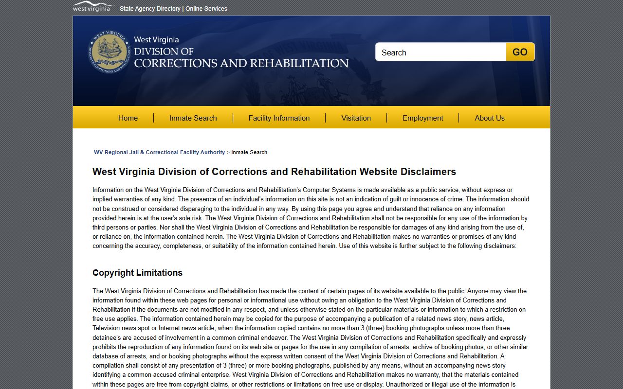 WVDCR disclaimer page describing booking photograph reuse restrictions