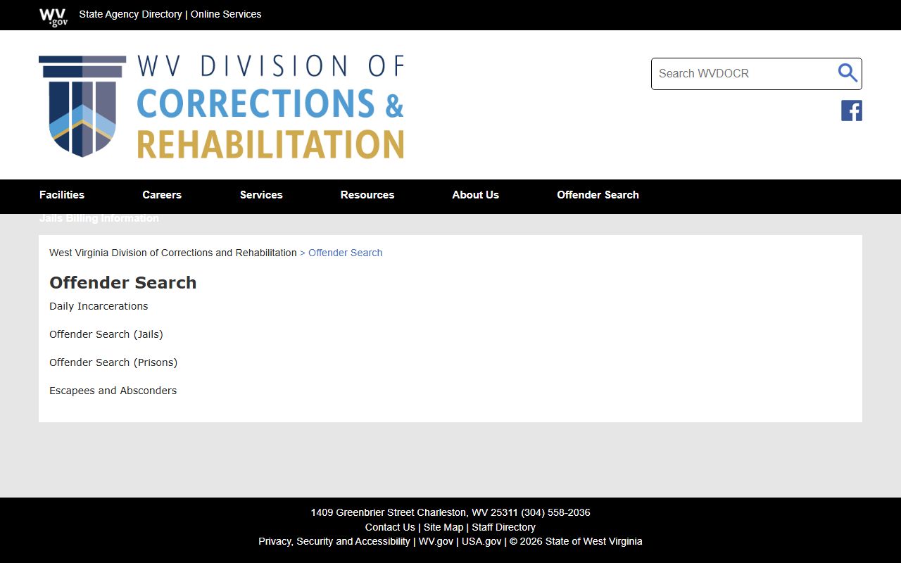 Calhoun County inmate population lookup links on the WVDCR offender search hub