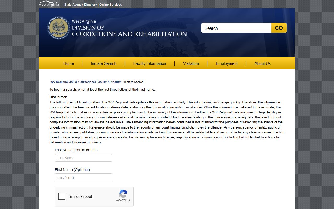 Calhoun County inmate search fields on the WV Regional Jail Offender Search